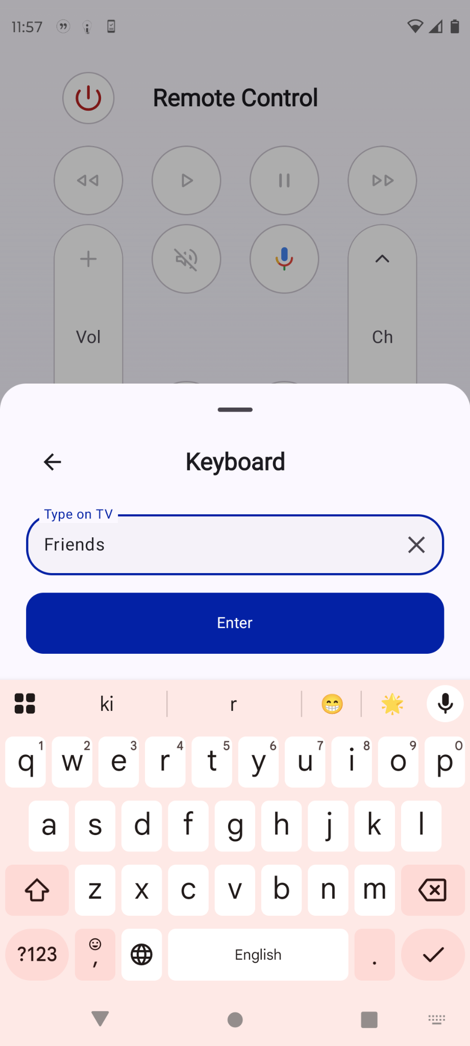 TV Keyboard text-entry screen in the app