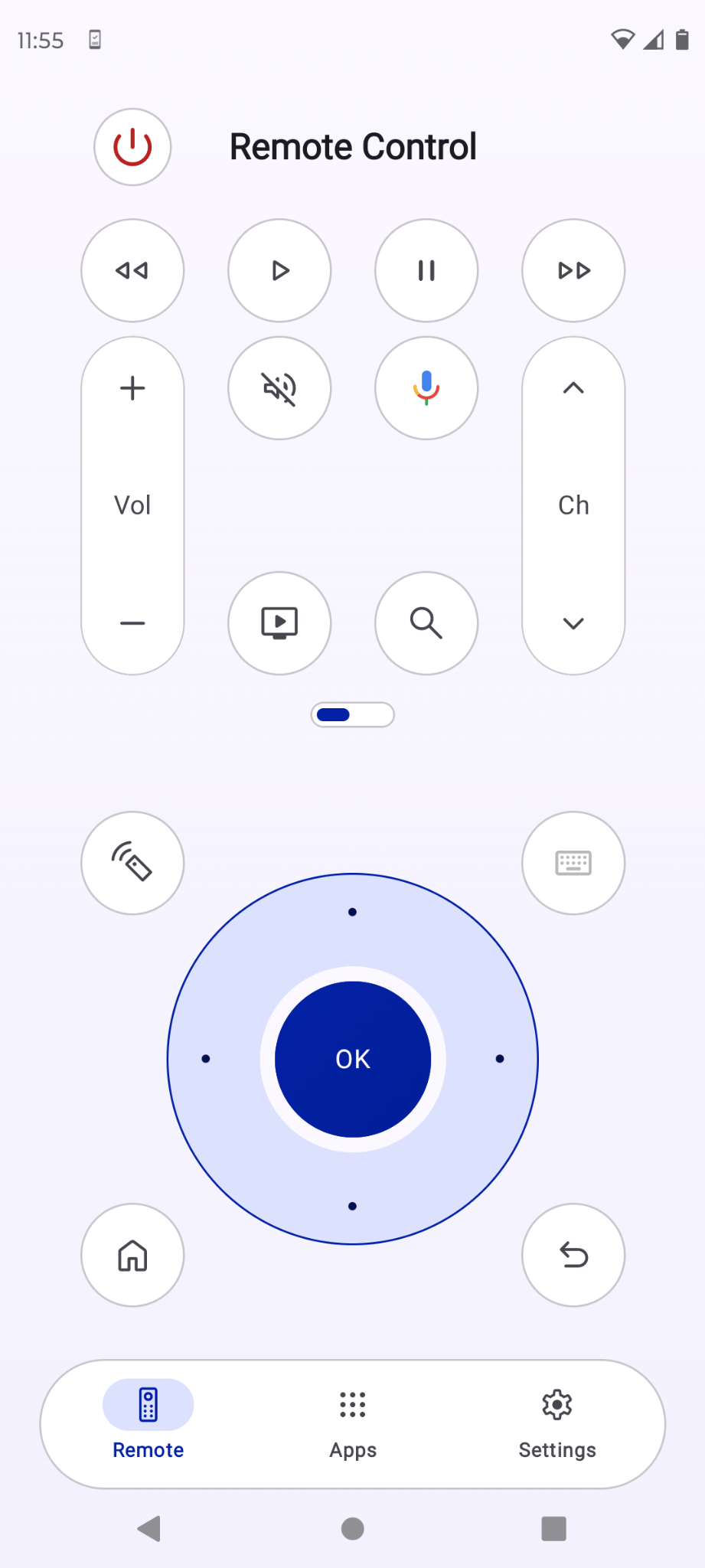 TV Remote Control app showing directional, volume and playback controls